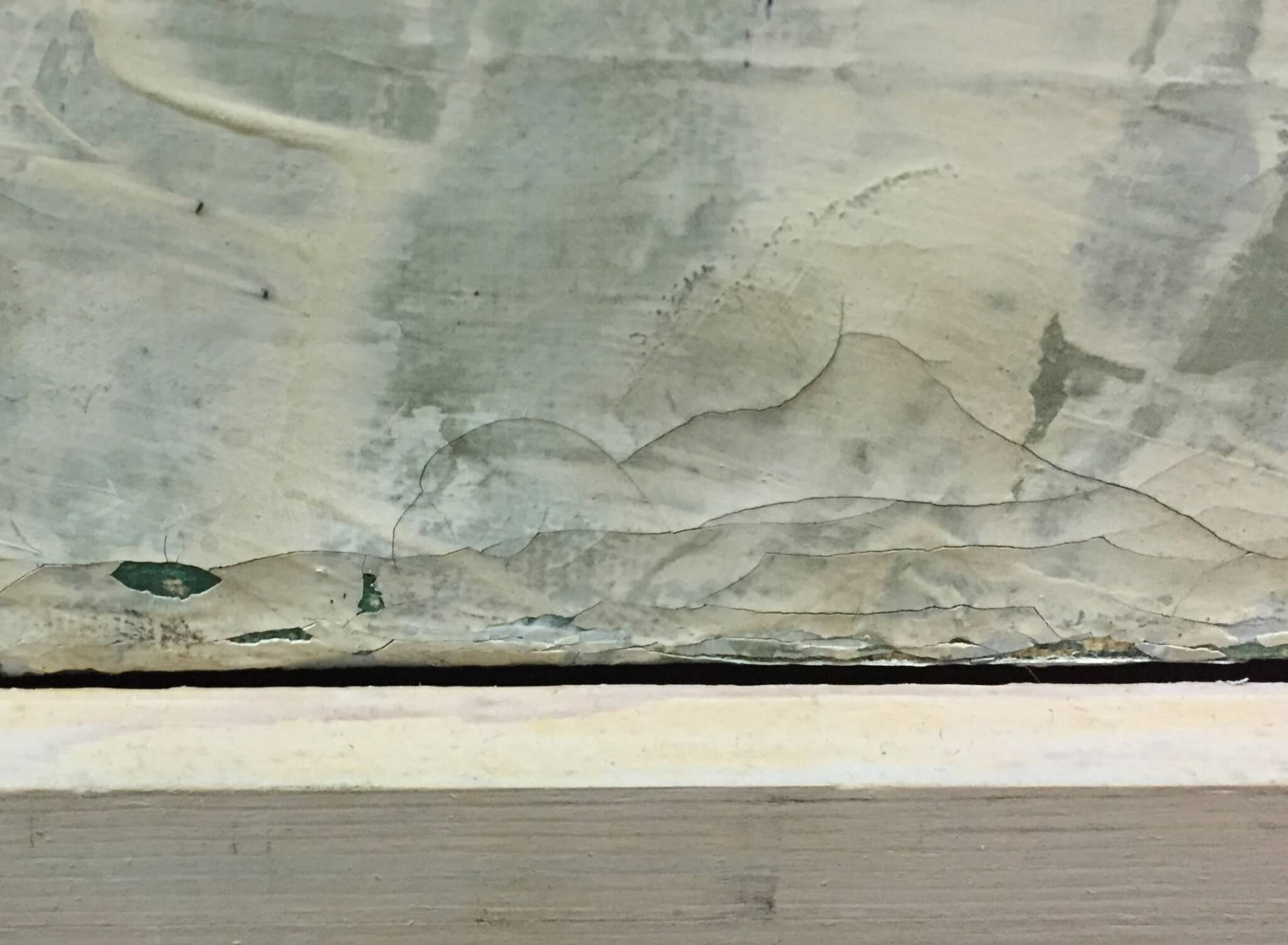 detail of paint loss caused by improper cleaning and dusting.  Artifact services chicago. Expert painting conservation. painting restoration