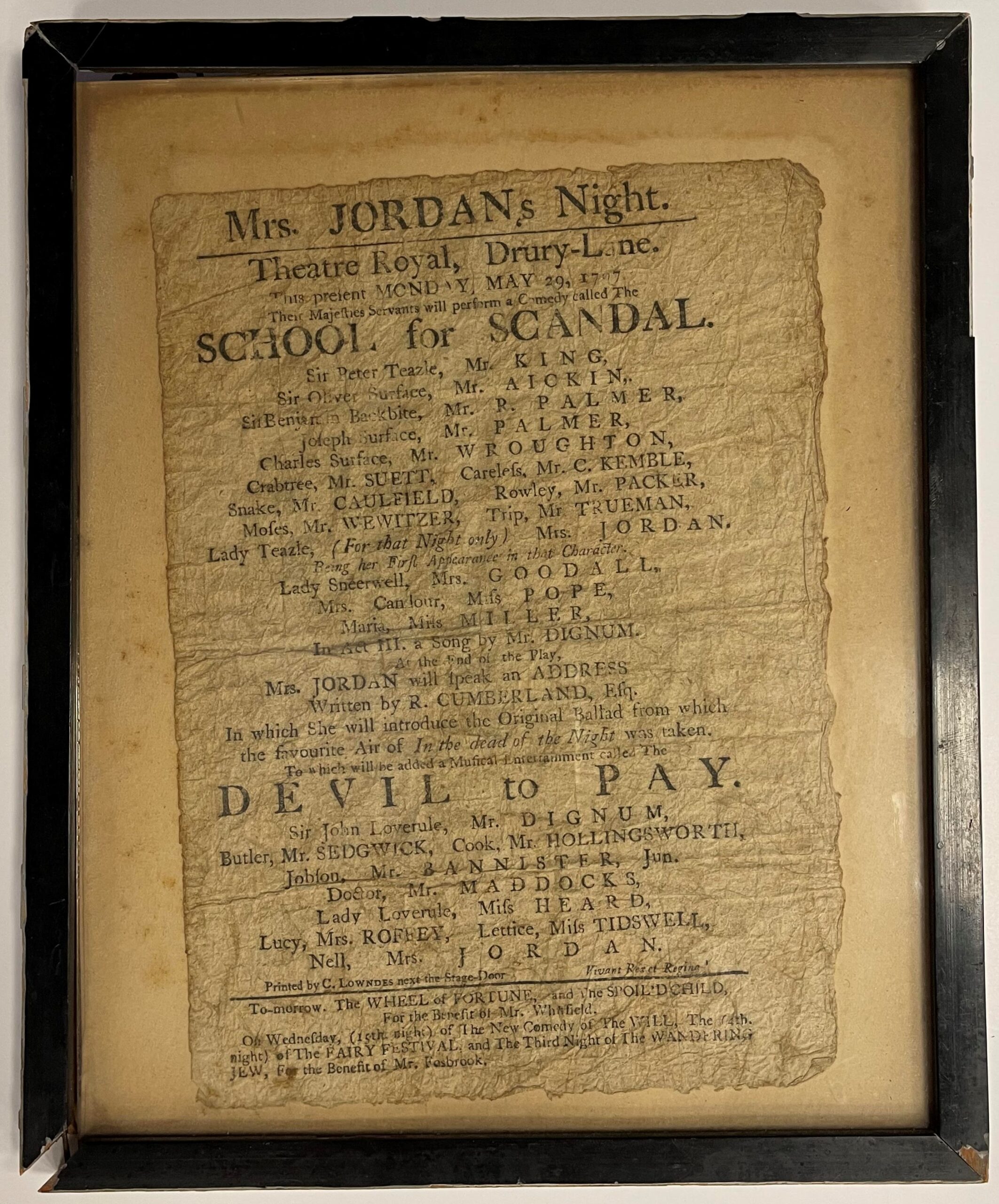 Before Image of the antique 1700s playbill, before treatment