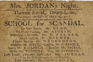 Detail of an original playbill for School for Scandal from 1797 before preservation framing