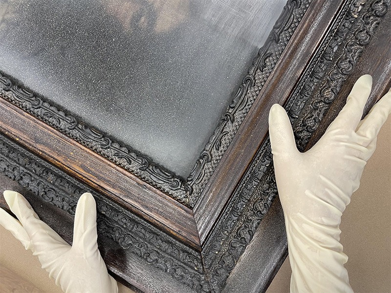 Antique frame restoration Painting conservation Gilded frame repair Wood refinishing Frame touch up Specialty contents services Artifact Chicago Insurance restoration Repair artwork Painting restoration Disaster response 19th century portrait  Gold leaf frame treatment cleaning of gilt frames Victorian antiques Fire damage Art recovery Onsite treatment Antique refinishing Insurance claims Museum frames Art rescue Art handling Packouts