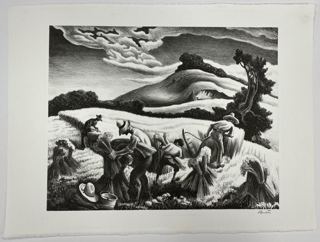 A Thomas Hart Benton lithograph entitled Cradling Wheat from 1939 on white wove paper depicting farmers working in a field of wheat with a background of hills, trees and sky after conservation treatment