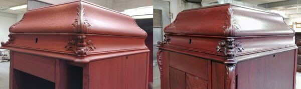 A 1908 antique Victrola model VV-XX phonograph during the restoration showing stages of staining and sealing the finish.