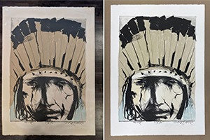 Leonard Baskin lithograph on paper of a Native American entitled "Crazy Horse" before and after conservation