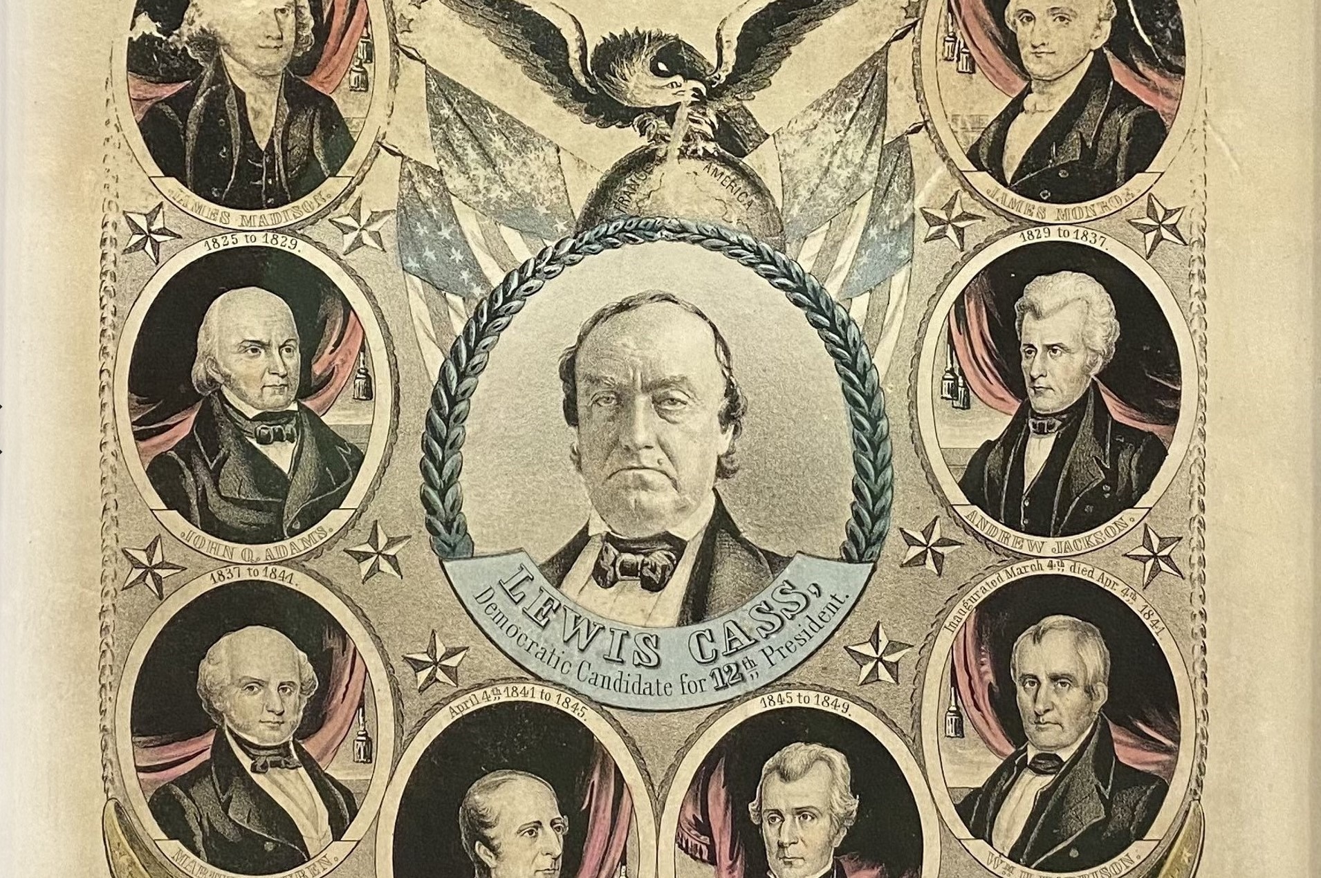 After treatment. The framed lithograph by Nathaniel Currier depicting 1848 Democratic Presidential Candidate Lewis Cass with an eagle perched upon a globe flanked by American flags directly above him surrounded by a border of oval portraits of the previous eleven American presidents after conservation treatment of the frame and the print. The antique frame appears to be original to the print.