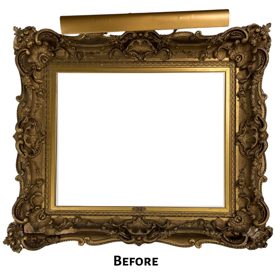 An overall image of a gilded age frame with a damaged picture light