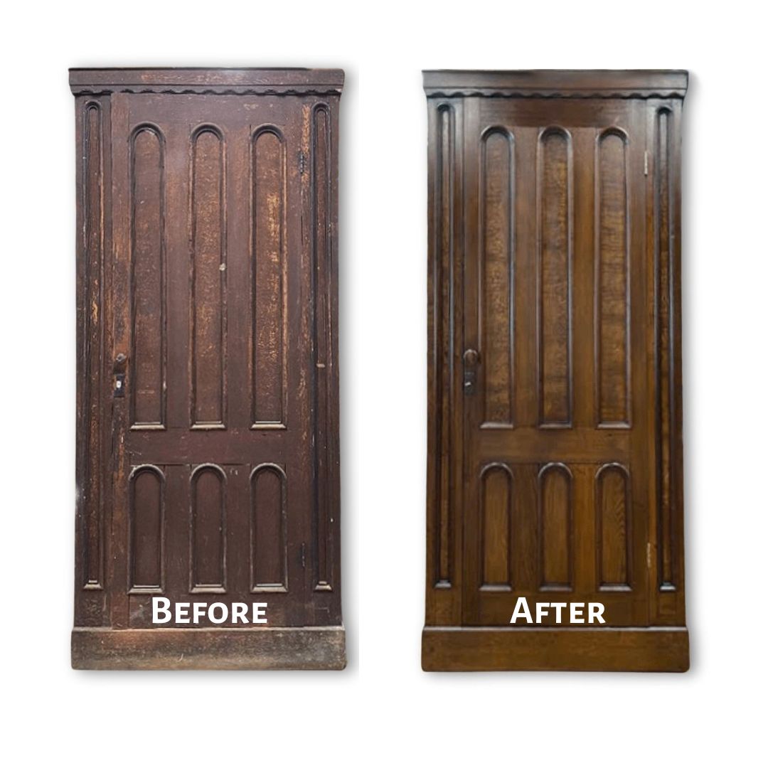 Before and After restoration of an antique walnut armoire.