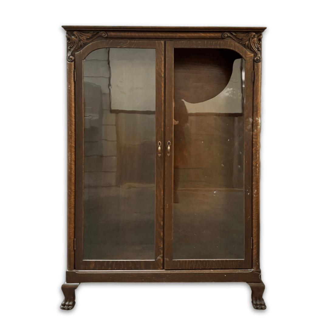 Overall image of the damage to the broken antique china cabinet before restoration