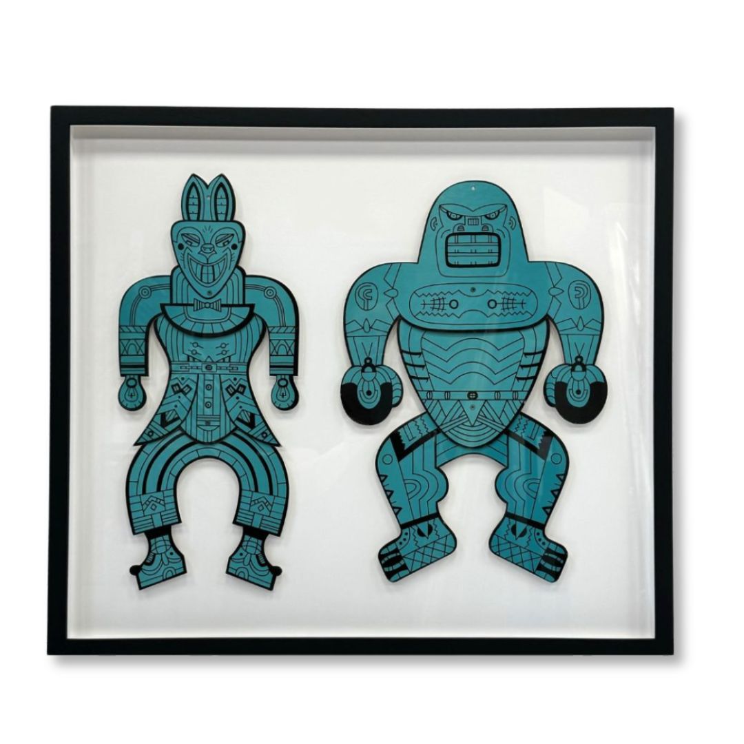 A shadowbox frame for Dancing Hare and Dancing Kong Tamari