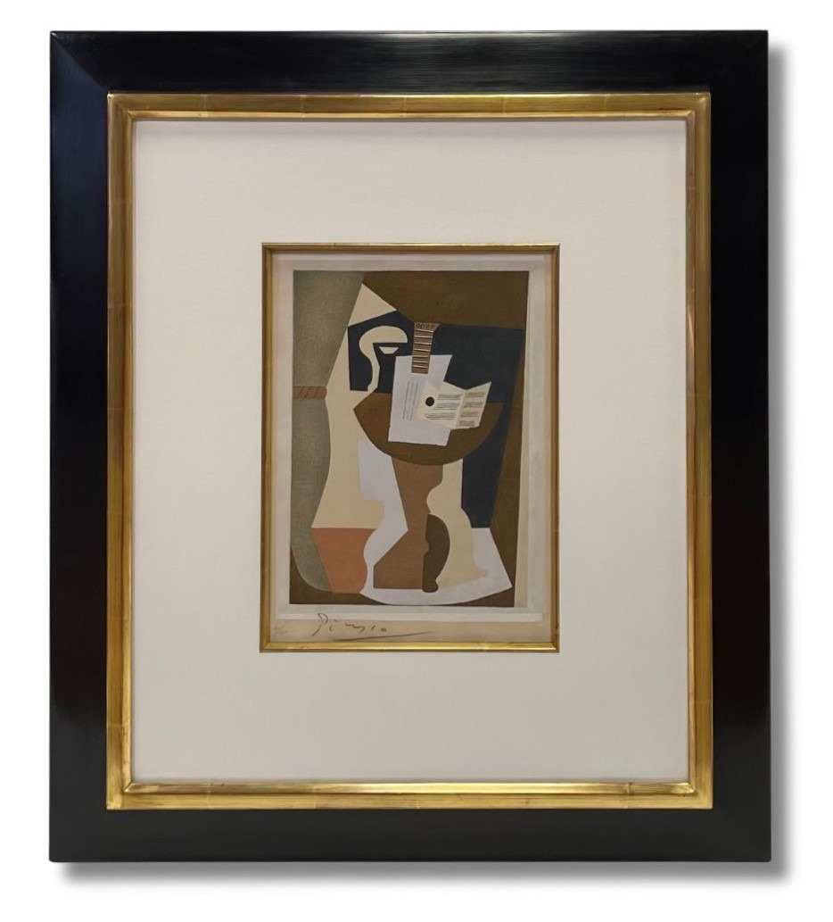Picasso's Guitare et partition sur gu&eacute;ridon, housed in a custom designed and build frame by Artifact of Chicago IL.