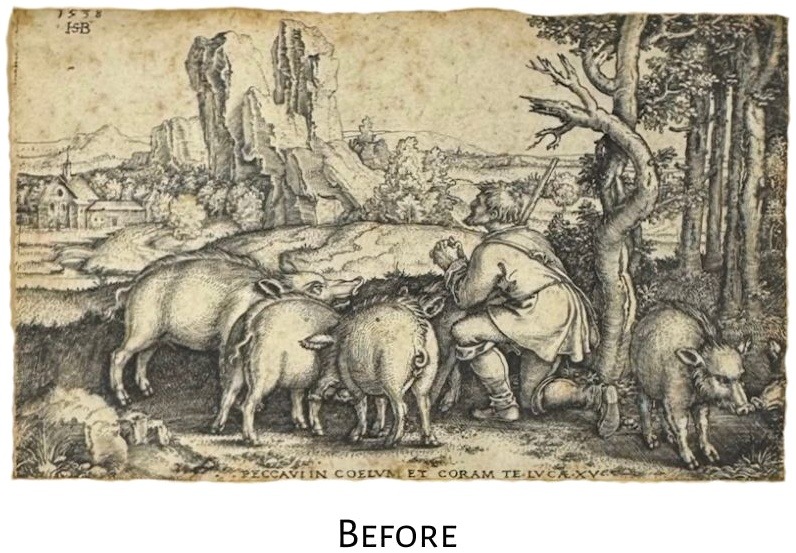 1538 engraving by Hans Sebald Beham showing the Prodigal Son tending swine, before conservation treatment, with foxing, discoloration, and acid burn visible