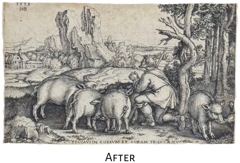 1538 engraving by Hans Sebald Beham showing the Prodigal Son tending swine, after conservation treatment, with foxing reduced and sheet restored to plane