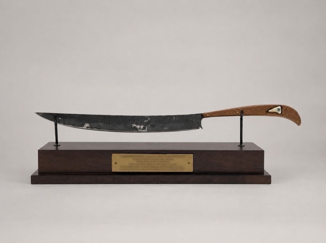Champagne saber displayed on a custom walnut plinth with hand-patinated steel brackets, front view